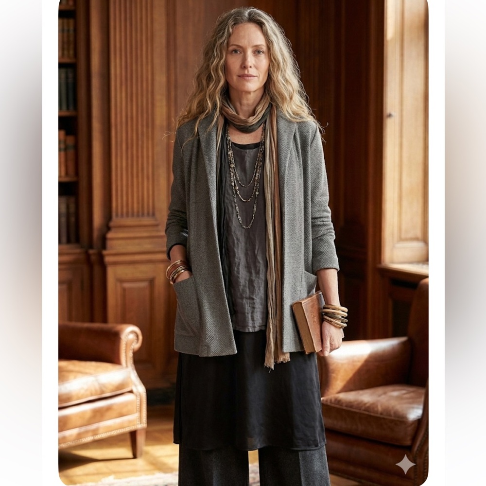 Eileen Fisher PL Textured Linen Blend Open Jacket Grey Lagenlook Minimalist Top